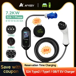 Afyeev-電気自動車用ポータブル充電器、充電ボックス、チープラグ、5m、7.2kw、32a、タイプ2、IEC62196-2、タイプ1、sae j1772、evse