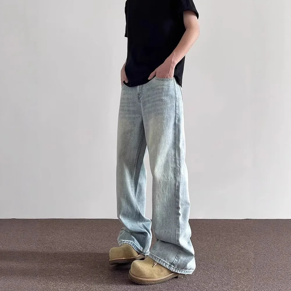 American High Street nueva moda 2025 hombres azul claro recto Casual de moda suelta pantalones vaqueros de pierna ancha pantalones vaqueros masculinos