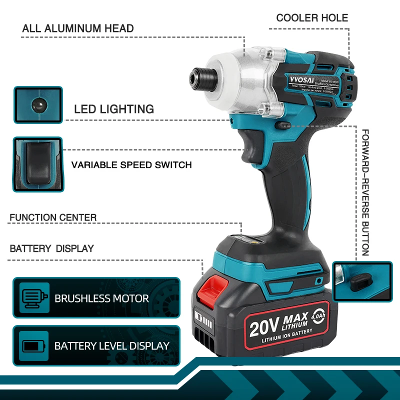 VVOSAI 20V Cordless Electric Screwdriver Torque 155NM Brushless Impact Wrench Rechargable Drill Driver+ LED Light