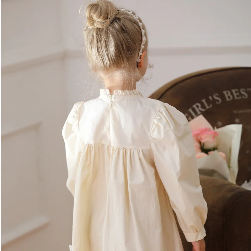 Korean Children\'s Clothing Flower Embroidery Bubble Sleeve Girls\' Dress Autumn Stand Collar Lace Long Sleeved Baby Kids Dress