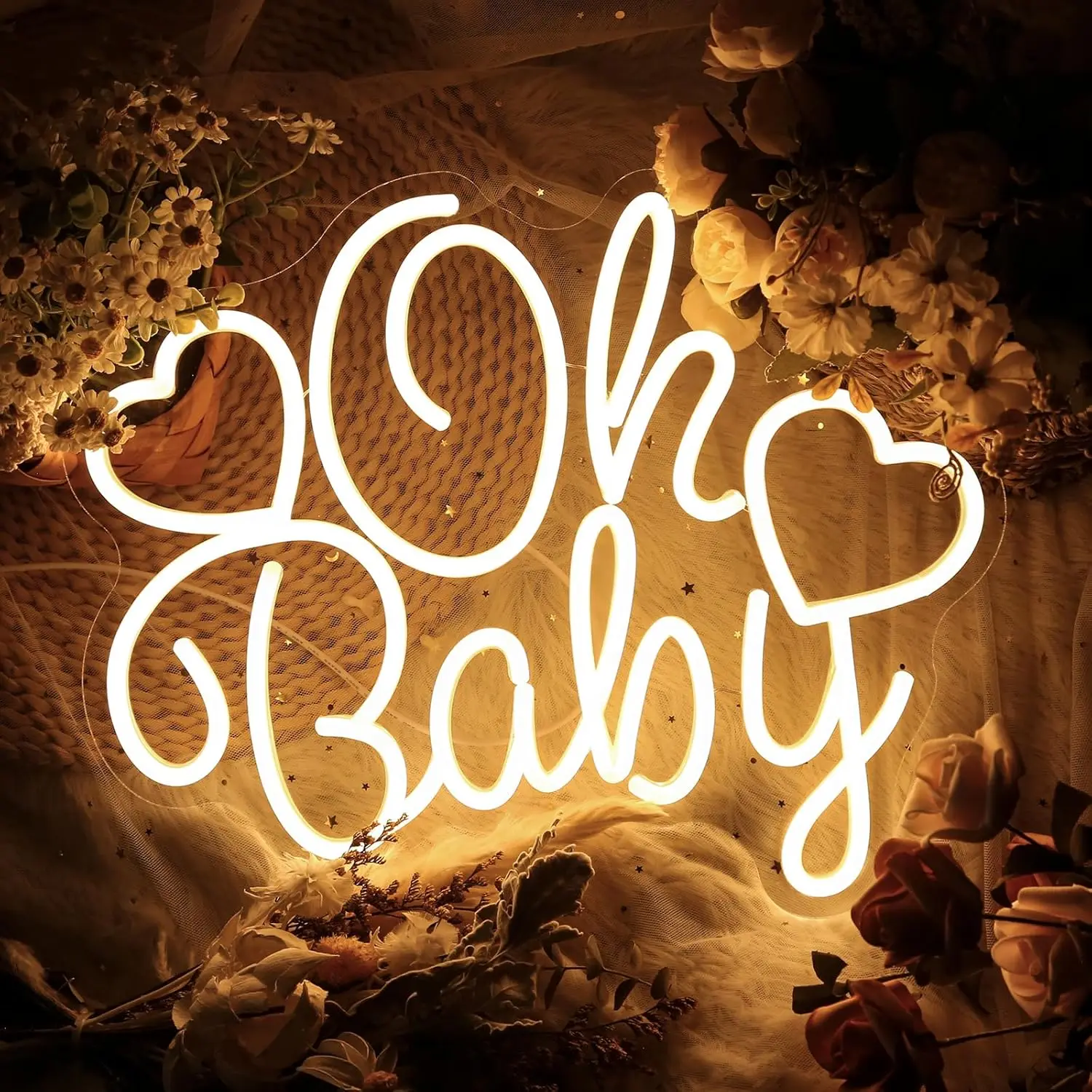 Oh Baby Heart Shaped Love Neon Sign Romantic LED Light for Bedroom Wedding Nursery Decor Valentines Day Gift White Glow Wall Art