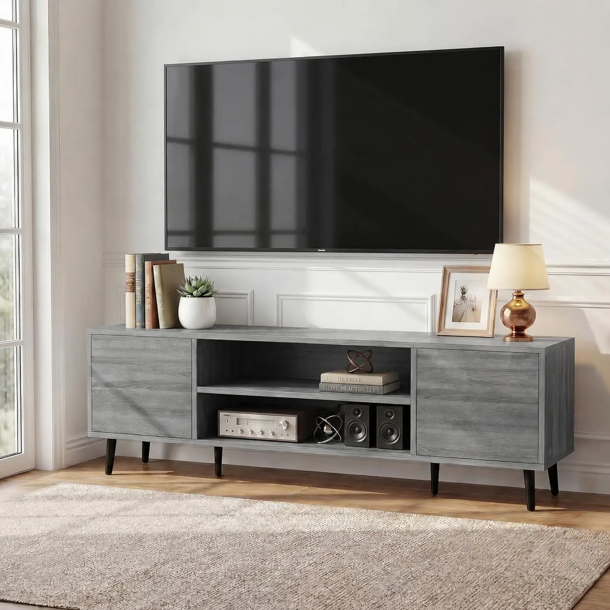 Mid-Century TV Stand 55-65 Inch, Storage Entertainment Center Push-Open Cabinets Shelves Cable Management Five-Leg, Customized