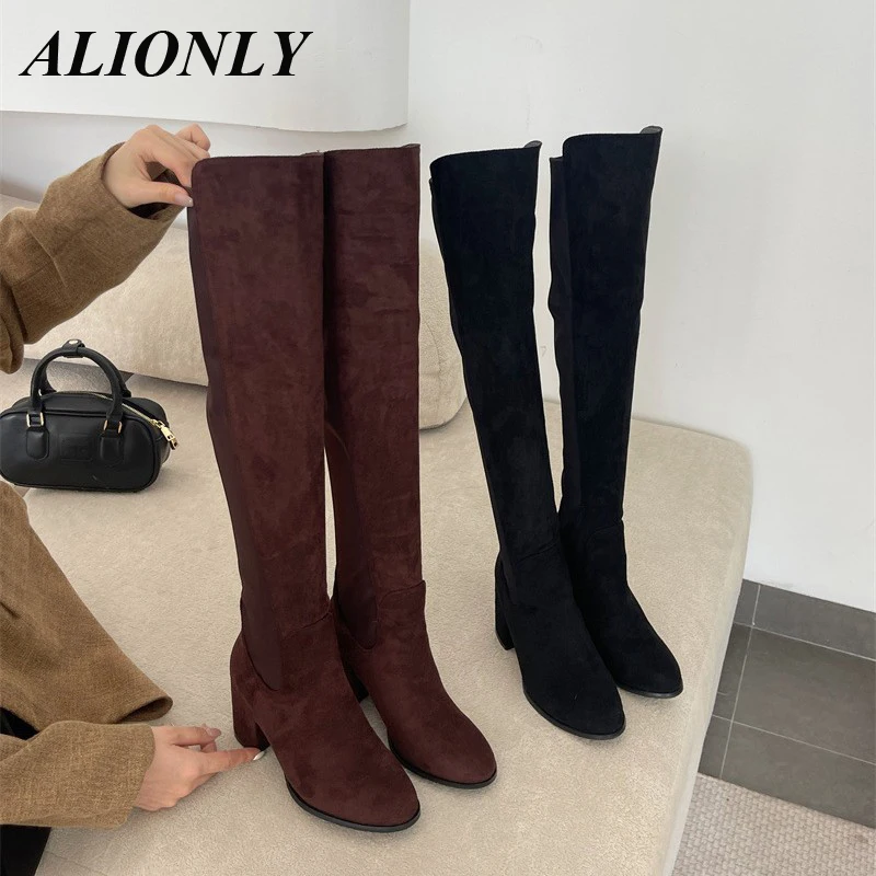 Alionly 2026 جديد الشتاء بولي Leather الجلود أشار تو الإفراط في الركبة أحذية النساء الفخذ العليا الجوارب الطويلة مثير خنجر الكعوب الأحذية #1