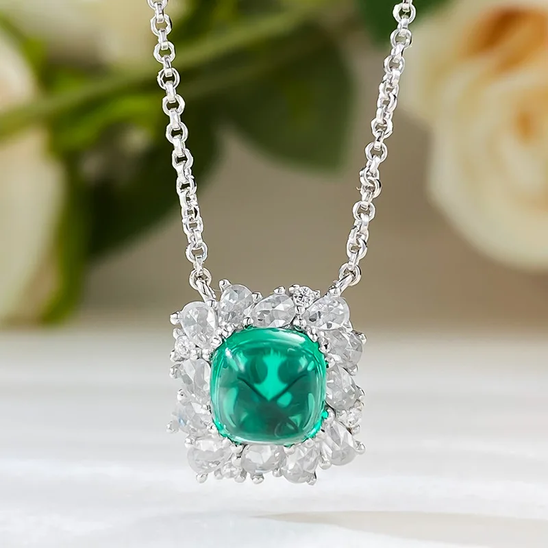 S925 Silver Necklace, Fat Square, Plain Noodle, Sugar Tower, Emerald Necklace, Retro and Niche Design Necklace Jewelry