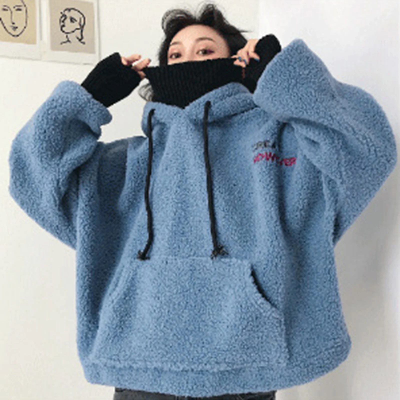 Lamb Wool Hoodies Women\'s Autumn Winter Korean Style Loose Hooded Sweatshirts Long Sleeve Pullover Patch Pocket Warm Jacket