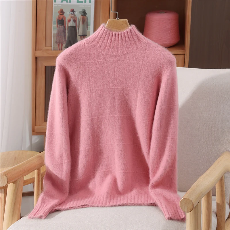 Women 100%Mink Cashmere Sweater Autumn Winter Thick Mockneck Cardigan Cable Knitting Simple Soft Warm Comfort Knitwear Top