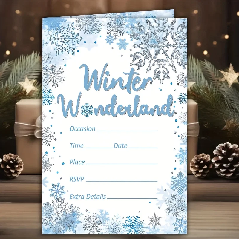 20PCS Winter Wonderland Christmas Card, Light Blue Snowflake Pattern, 
