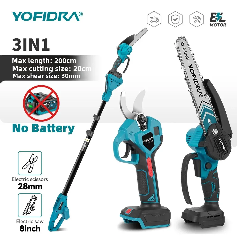 YOFIDRA Brushless 2in1 Brushless High Branch Saw Chainsaw & Pruning Shears Garden Cutting Power ToolFor 21V 18V Battery Pin