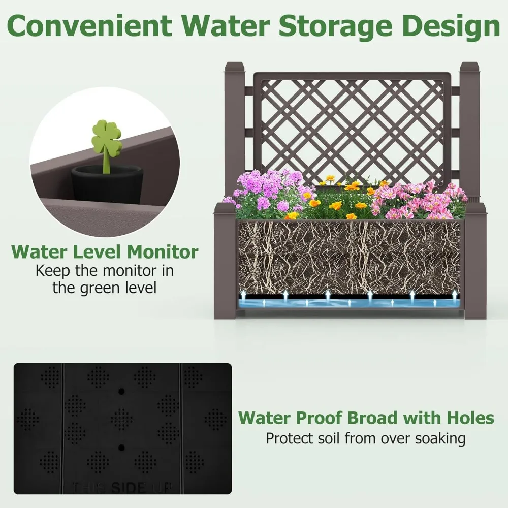 2 Pieces Garden Planter with Trellis, Self Watering Raised Garden Bed with Drainage Hole & Water Level Monitor, Outdoor Planter