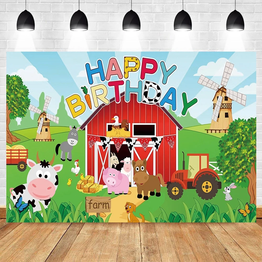 Cartoon Farm Animals fondale Barn Tractor neonato Birthday Party Decor fotografia sfondo Banner Photo Studio puntelli