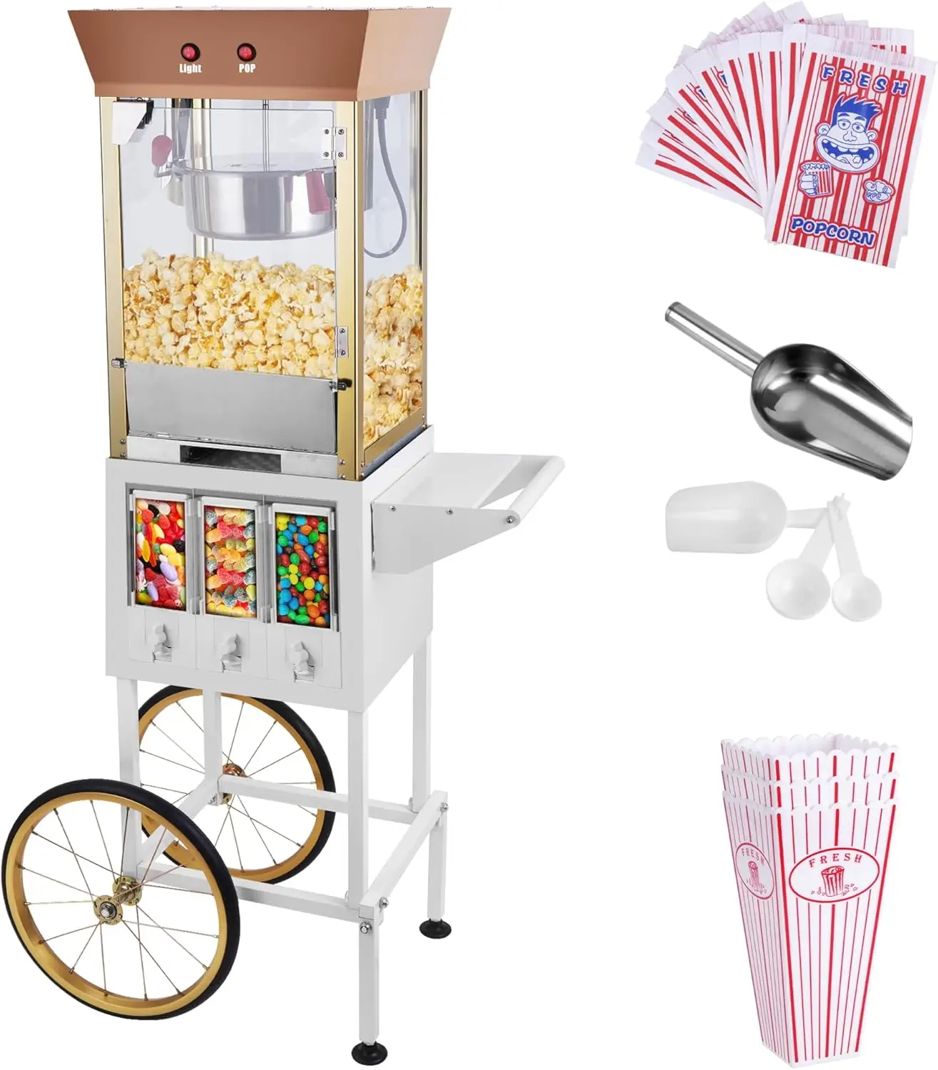 Popcorn  Machine 8 OZ Vintage Professional Popcorn  Theater Style Movable Popcorn Cart with Three Storage Candy