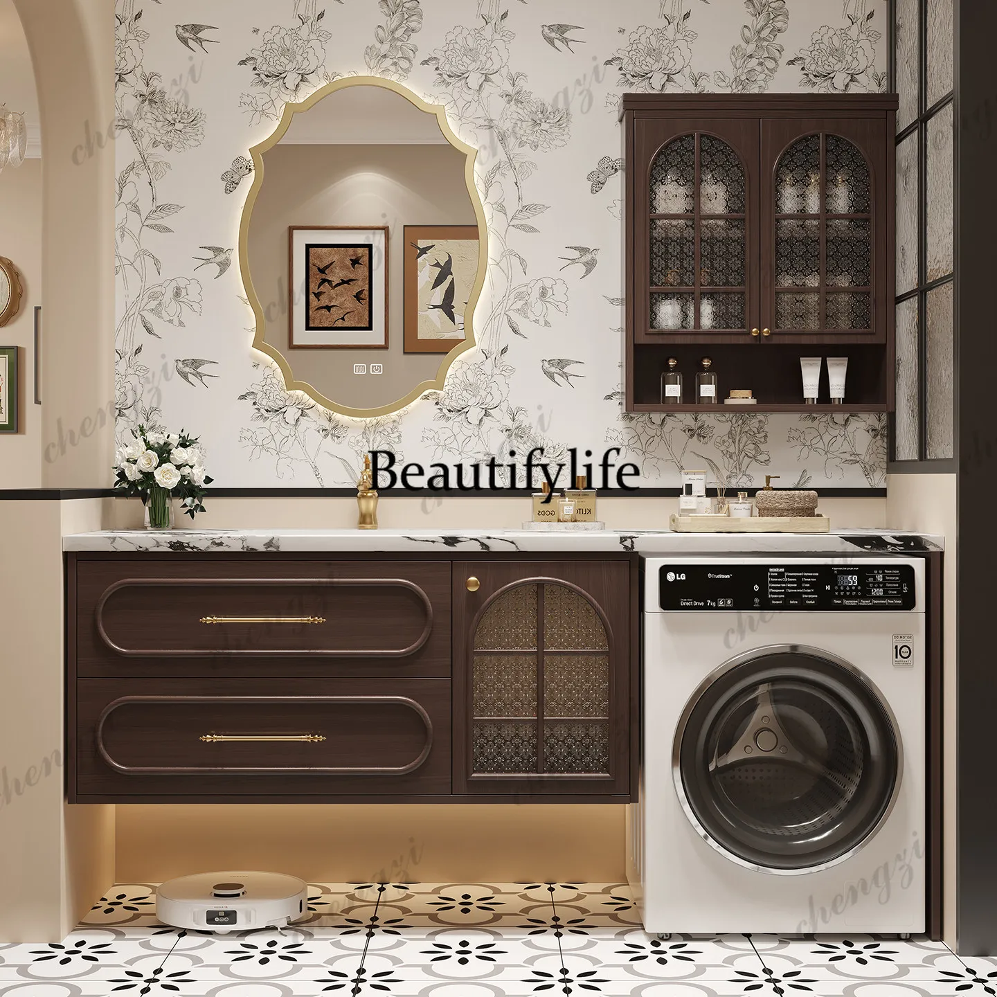 Light luxury custom washing machine integrated bathroom cabinet combined bathroom rock slab washstand