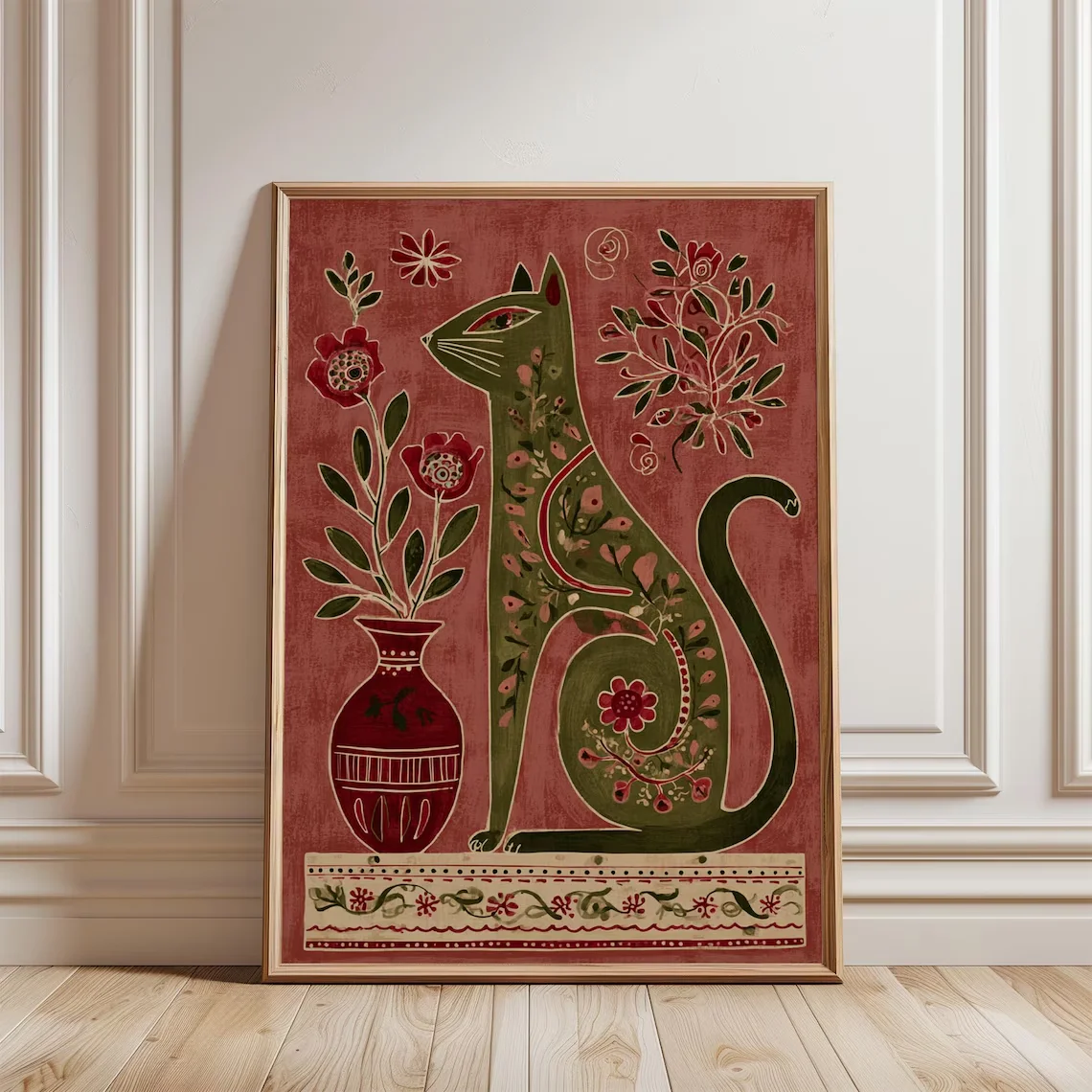 Whimsical Folk Cat Wall Art - Charming Print Celebrating Feline Elegance. The Deep Red Backdrop and Intricate Floral Motifs Crea
