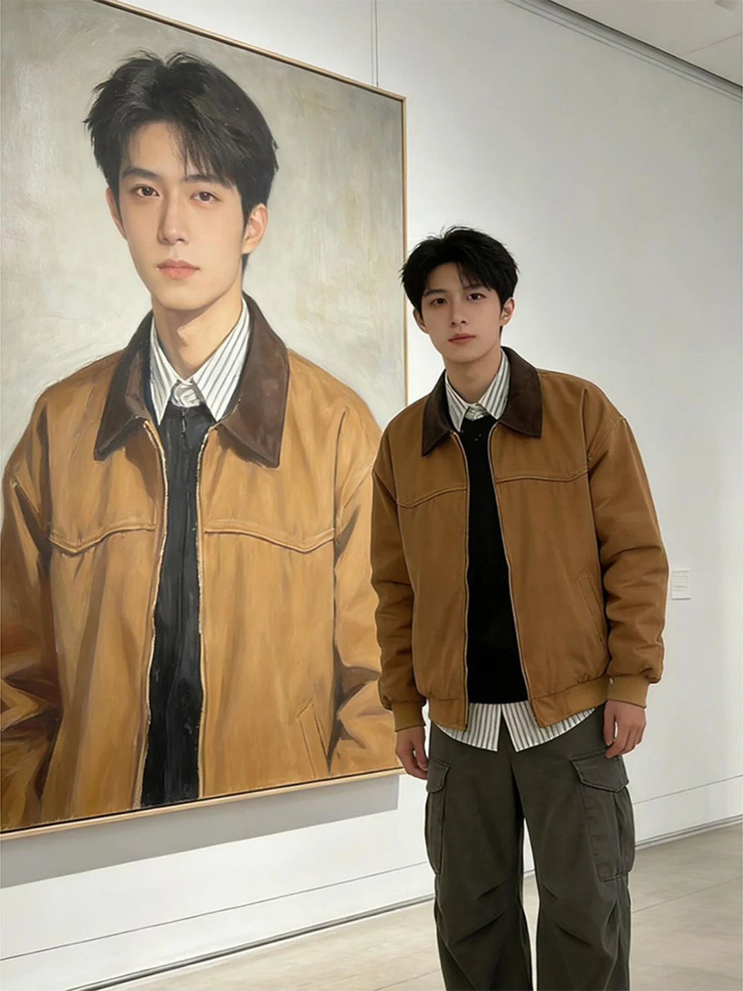 

Khaki Detroit Workwear Jacket Men's Short Style Vintage Turn-down Collar Top Handsome Casual Spring Cotton Zipper Coat