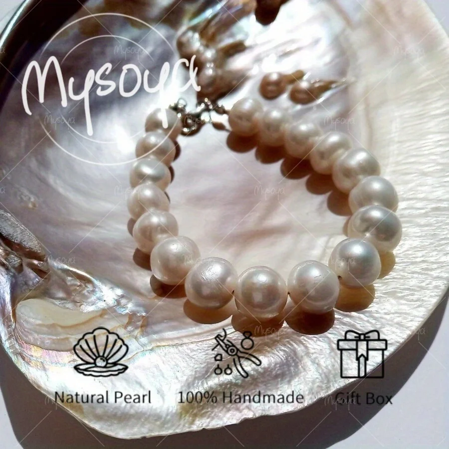 

MYSOYA White Freshwater Pearl Bracelet 9-10mm Pearl, with Gift Box, Gifts for Him/ Her, Birthday Gifts, Wedding Jewelry