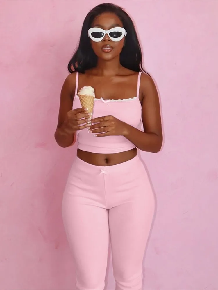 2025 Slim New In Matching Sets 2 Pieces Set For Woman Two Piece Outfits Sling Bodycon solid Color Sweet Casual Pants Sleeveless
