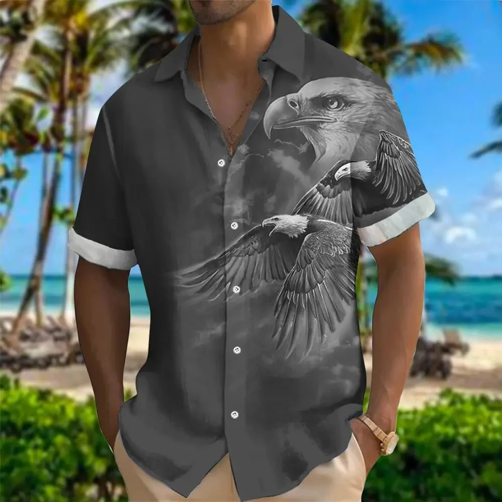 2024 Men\'s 3D Lion Tiger Bear Eagle Print  Short-Sleeved Shirts For Men\'s Hawaiian Shirts