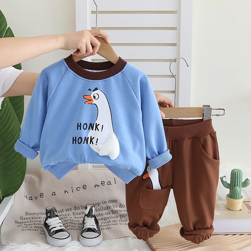 Children's Hoodie Set Autumn New Boys and Girls Ducklings Printed Round Collar Long Sleeve Hoodie + Trousers Two Sets 1-5y