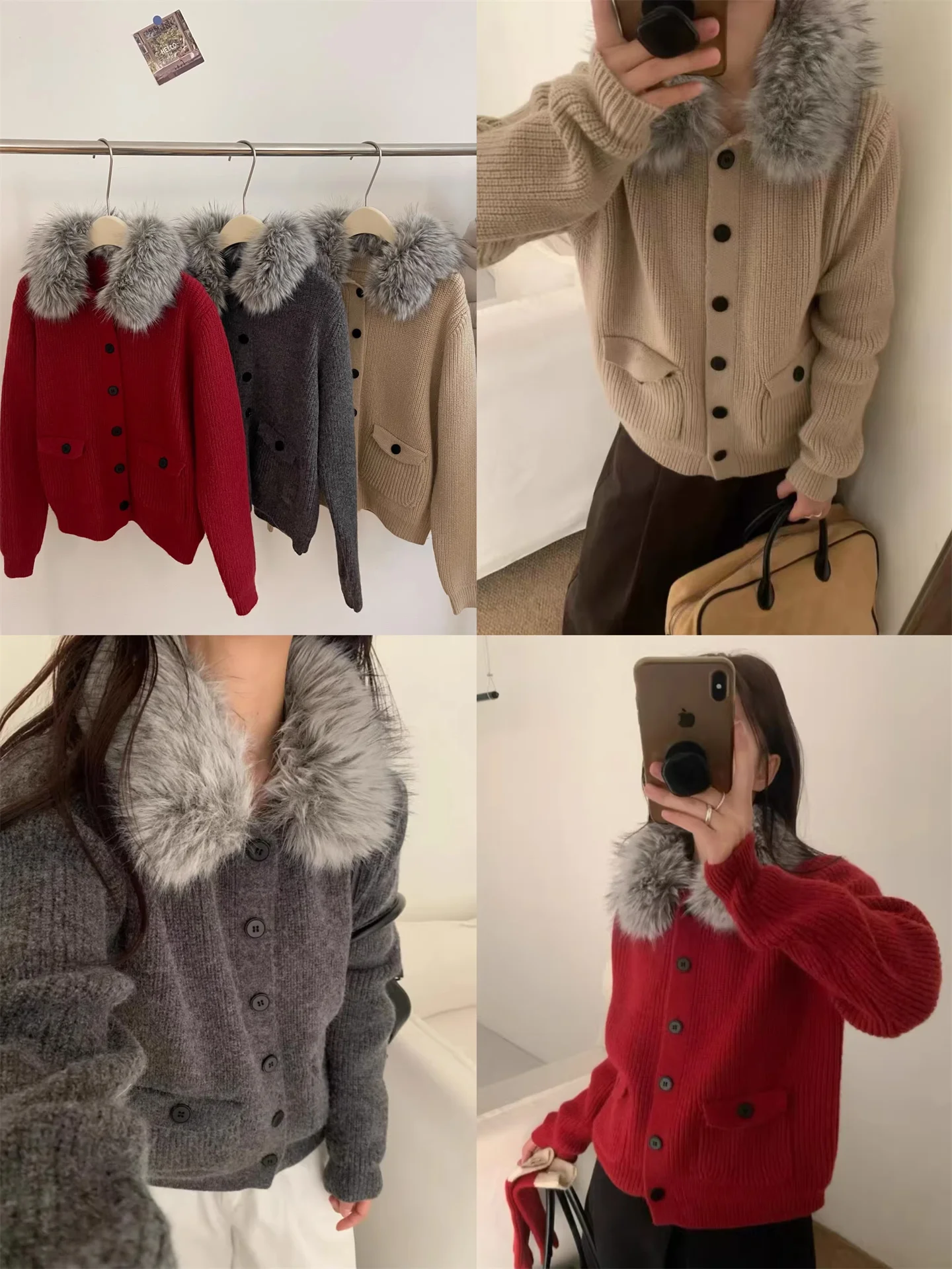

Detachable Fur Collar Thickened Knitted Sweater Jacket Korean Style Retro Color Block Button Double Pocket Turn-down Collar