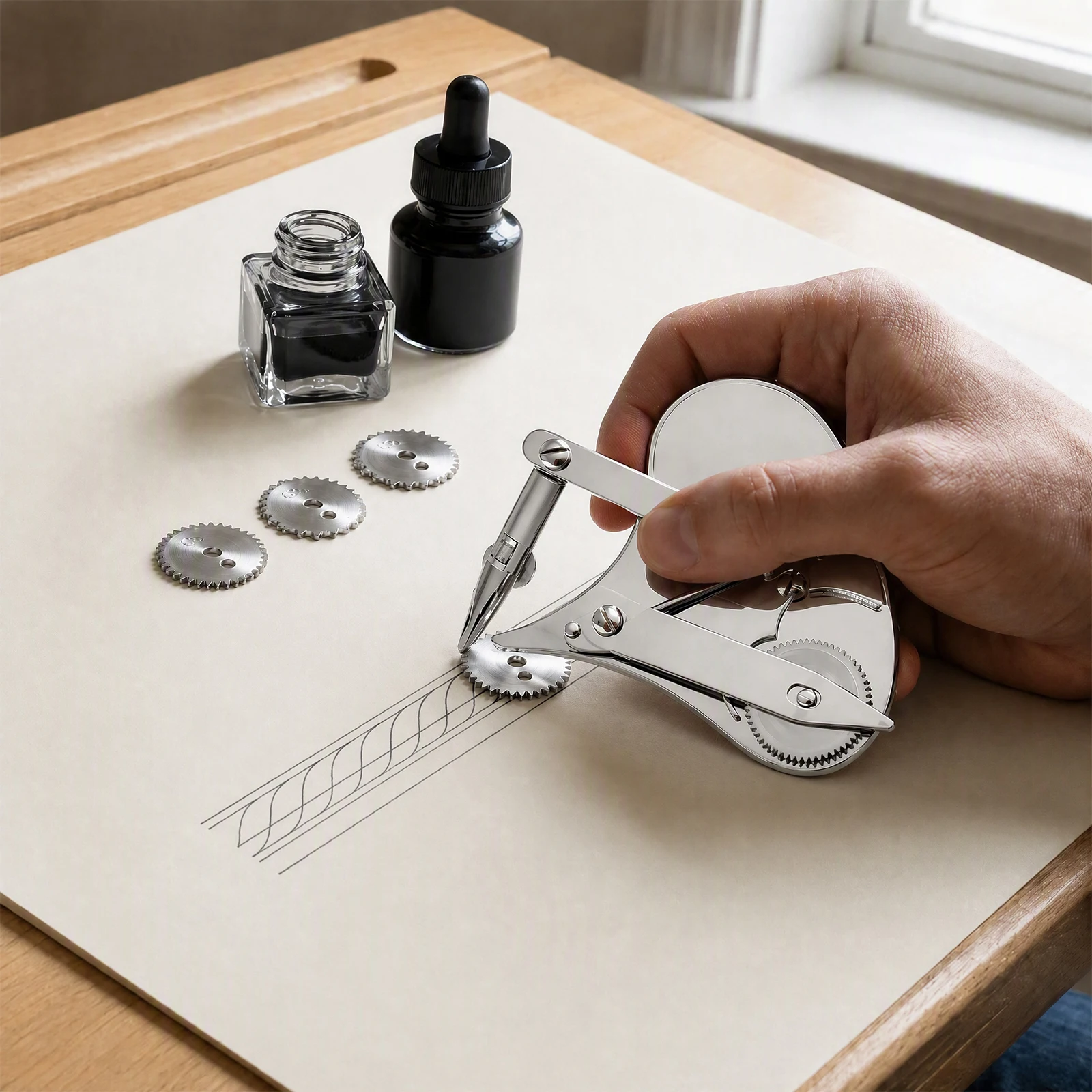 Gear Ruling Pen Brass Swappable Wheels Heavy Alloy Anti-Oxidation Arm Parallel Drawing