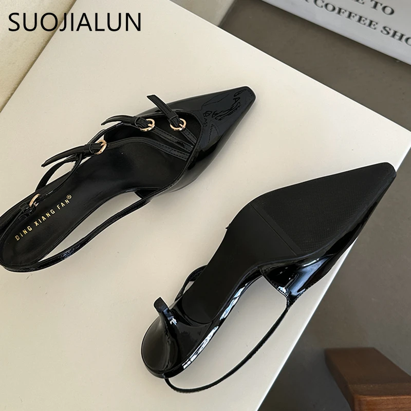 SUOJIALUN 2024 Spring New Brand Women Sandal Fashion Narrow Band Shallow Slip On Slingback Shoes Thin High Heel Dress Sandal Sho