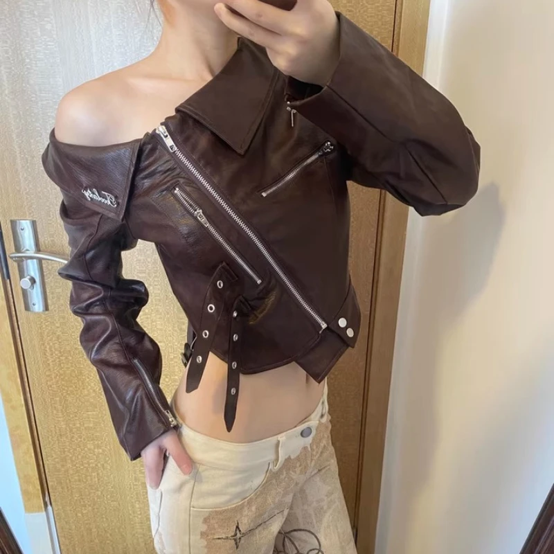 Punk Black Short Off-Shoulder Leather Women's Jacket Original Autumn New Sweet Cool Sexy Zipper Locomotive Lace-Up Coat Ladies