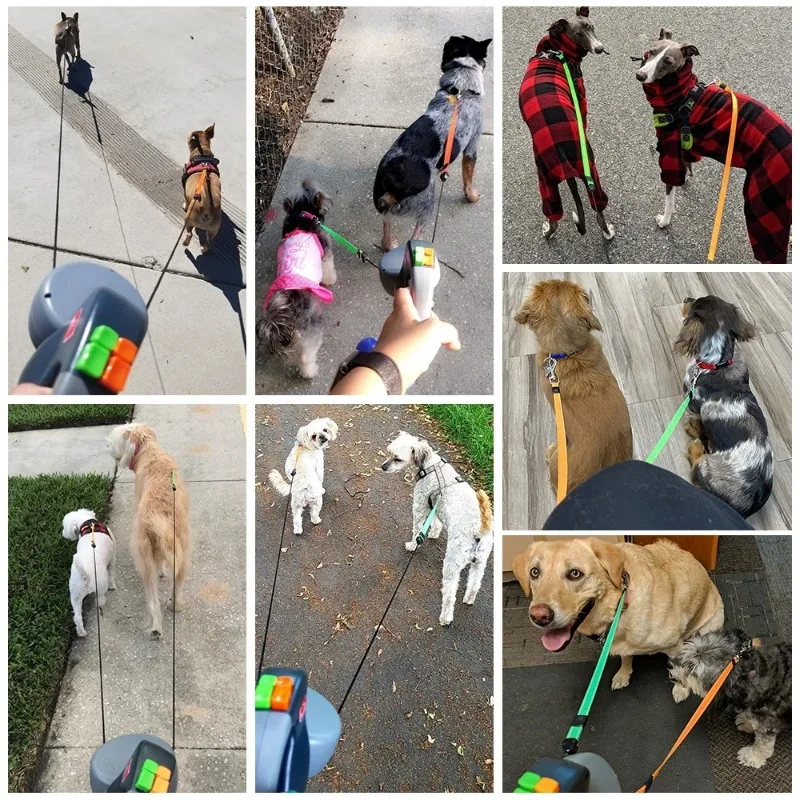 Trela giratória portátil para 2 cães, trela dupla extremidade, roleta retrátil leve, andando Pet fornecimentos