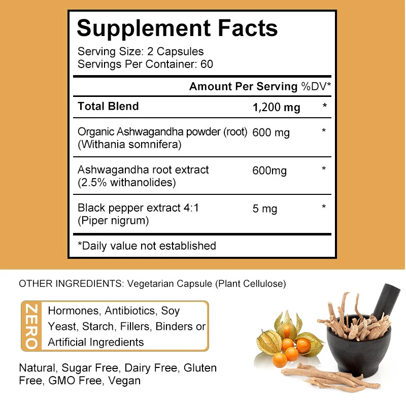 Ashwagandha 추출물 캡슐, 면역 체계 지지대, 수면 촉진, 스트레스 무게추 관리, 기분 관리에 도움