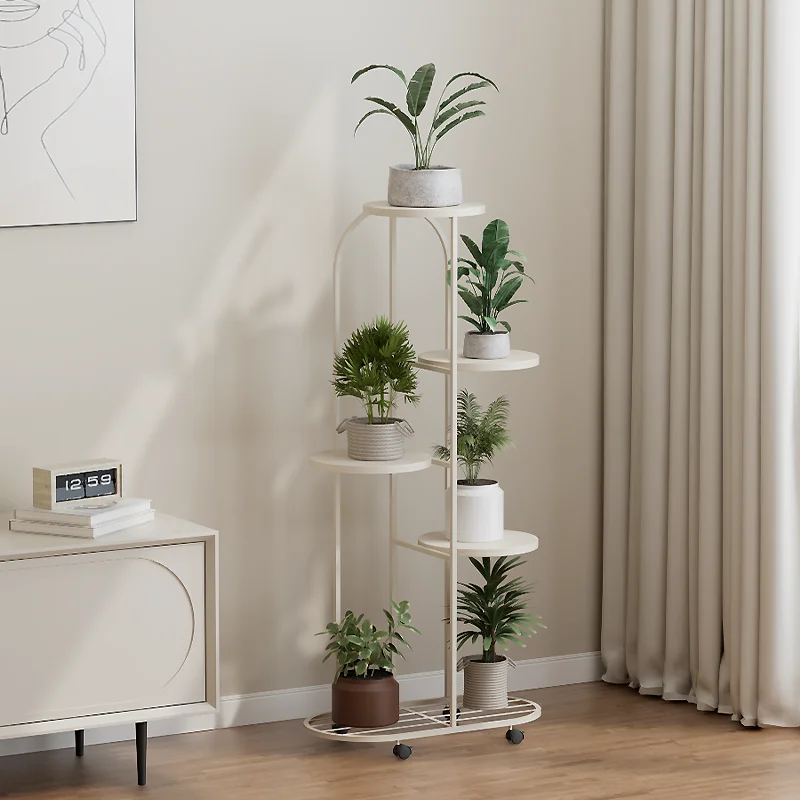 Indoor home decoration flowerpot, simple iron storage rack, living room, cream style,movable multi-layer flower rack