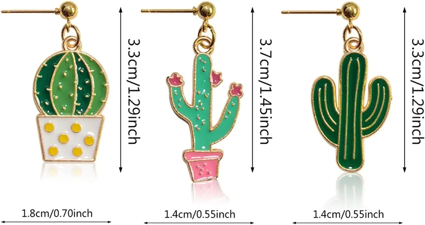 3 Pairs Handmade Lightweight Funny Green Enamel Plant Cactus Dangle Earrings Sets for Women Sweet Creative Potted Stud Earrings