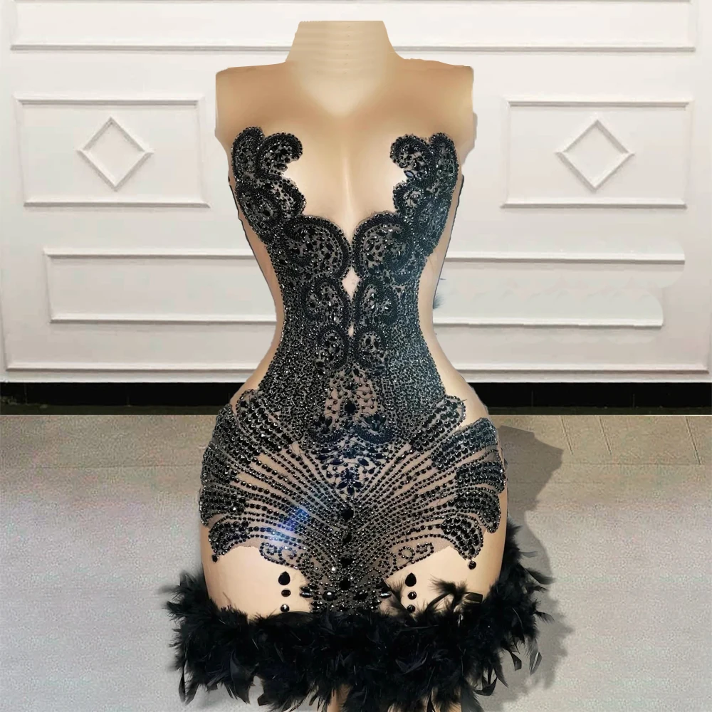 Sexy See Through Short Prom Dress for Black Girl 2025 Luxury Beads Diamond Feathers Women Mini Cocktail Gowns for Birthday Party