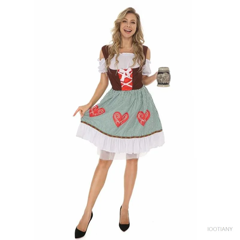 

French Oktoberfest Plaid Heart Shaped Beer Girl Maid Dress German Bavaria Carnival Party Bar Club Hostess Cosplay Suits