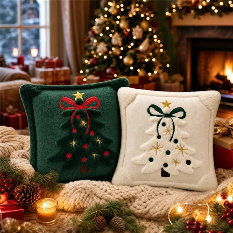 Christmas Tree Pillow Covers Embroidered Cushion Covers Plush Velvet Feel Cosy Holiday Decor for Sofa Bed Lovely Christmas Gift