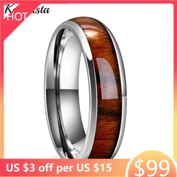 Kolmnsta 4mm 6mm 8mm Stainless Steel Ring Real Brown Koa Wood Inlaid High Polished Sieve Wedding Ring Men Women