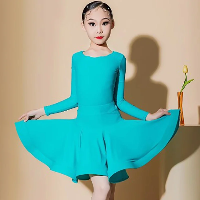 Children Long Sleeve Professional Regulations Latin Dance Costumes for Girls Kids Competition Big Skirt Performance Dancewear