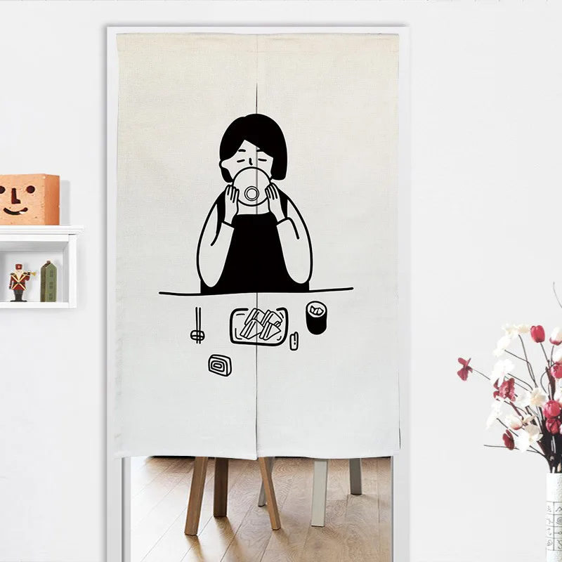 Hand-painted Cartoon Cotton Linen Fabric Door Curtains Home Hanging Linen Noren Bathroom Kitchen Decorative Partition Curtain