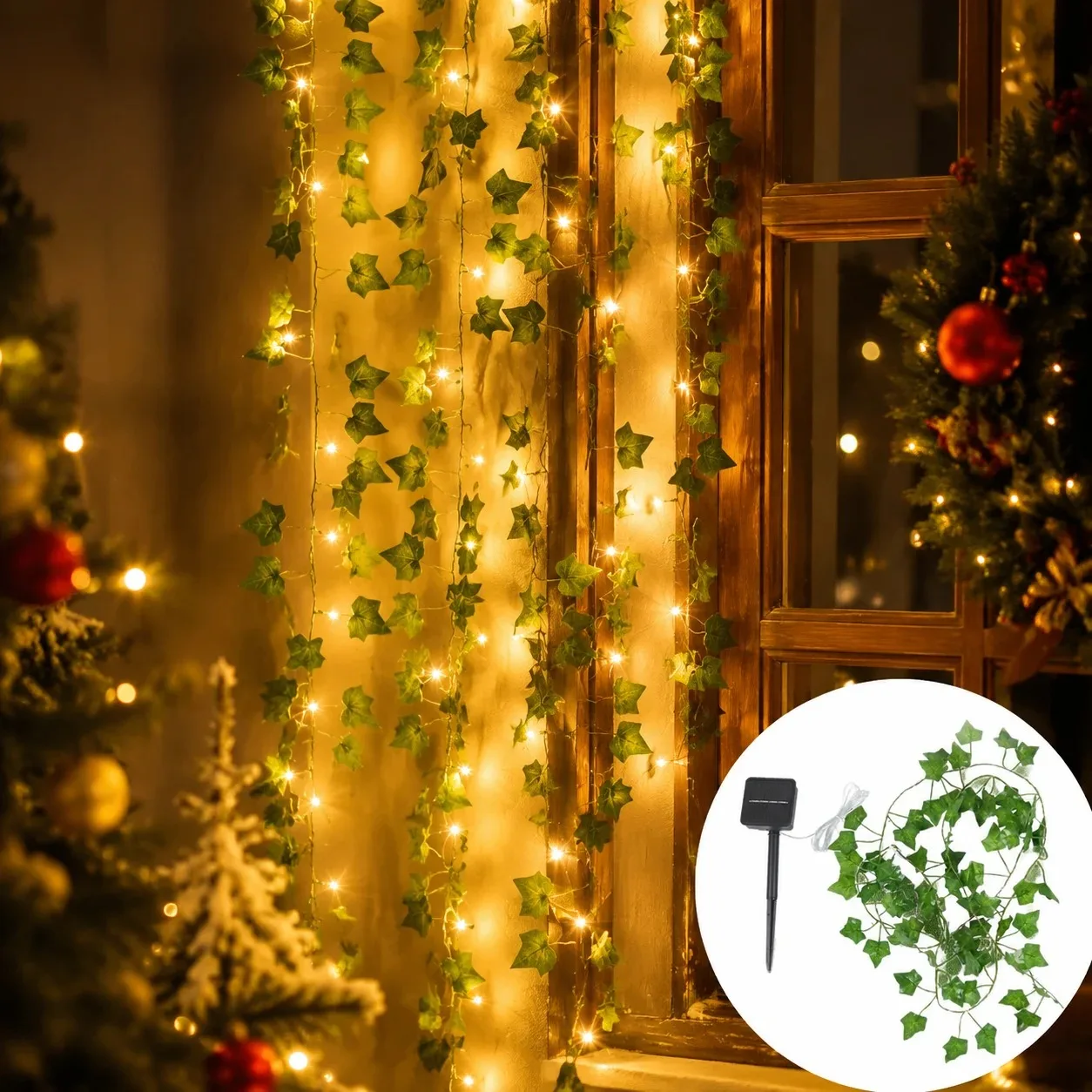 Solar Artificial Leaf String Lights Ivy Garland Lamp Warm White Outdoor Decorative Lighting for Home Garden