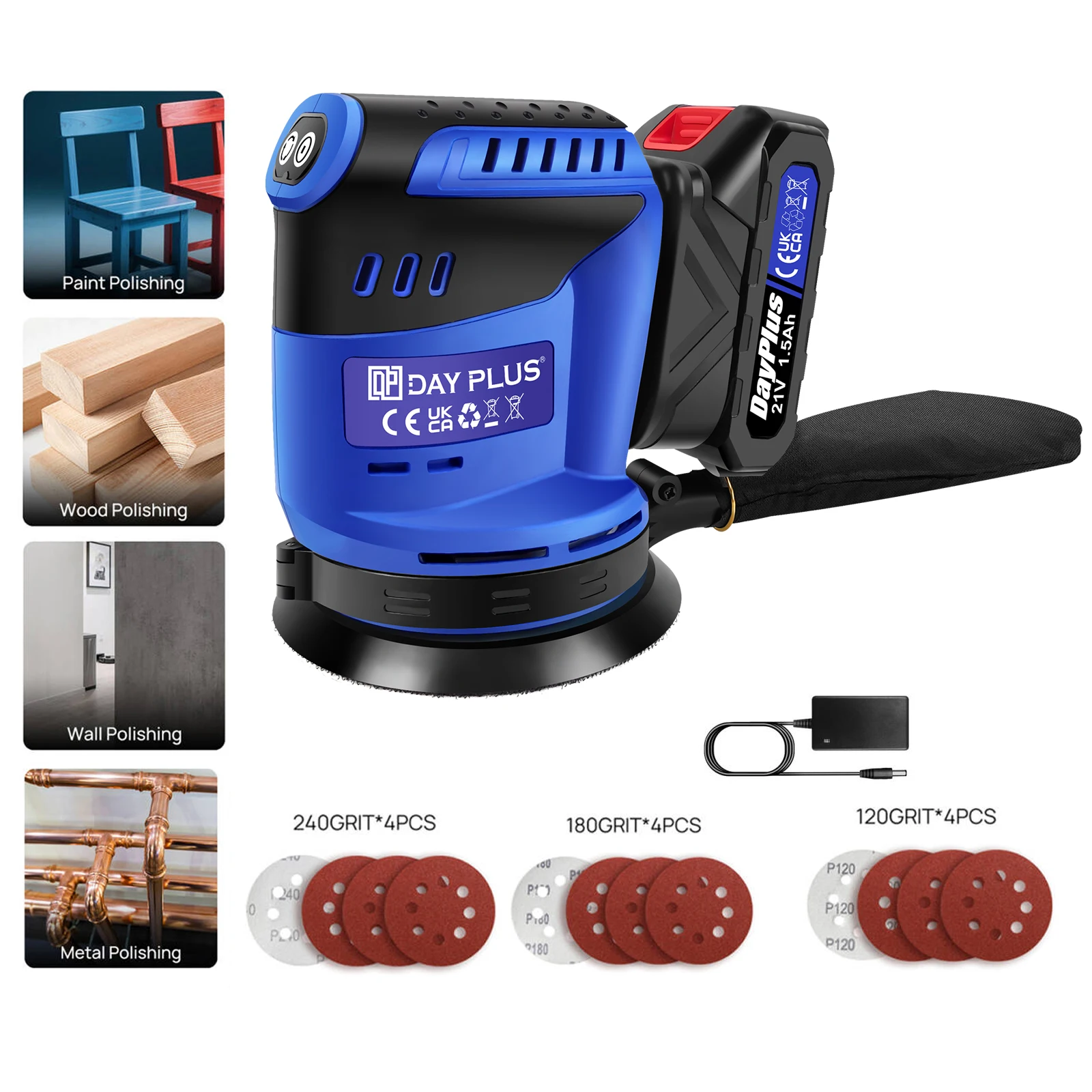 Levigatrice orbitale casuale 125mm 21V Smerigliatrice per lucidatura a batteria a 3 velocità con sacchetto per la polvere, tampone di fissaggio rapido e carta vetrata da 12 pezzi
