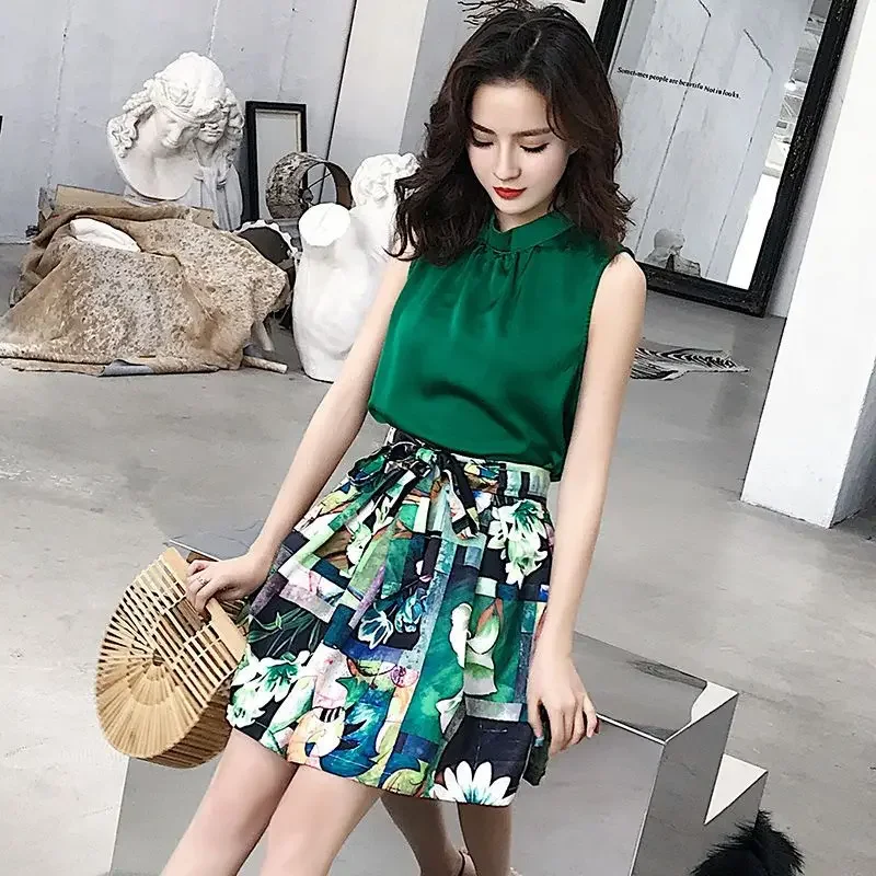 Mini Solid Color Dress Skirt Woman Outfit Mature Printing Short 2 Pieces Sets for Women Beach Formal Occasion New Matching Korea