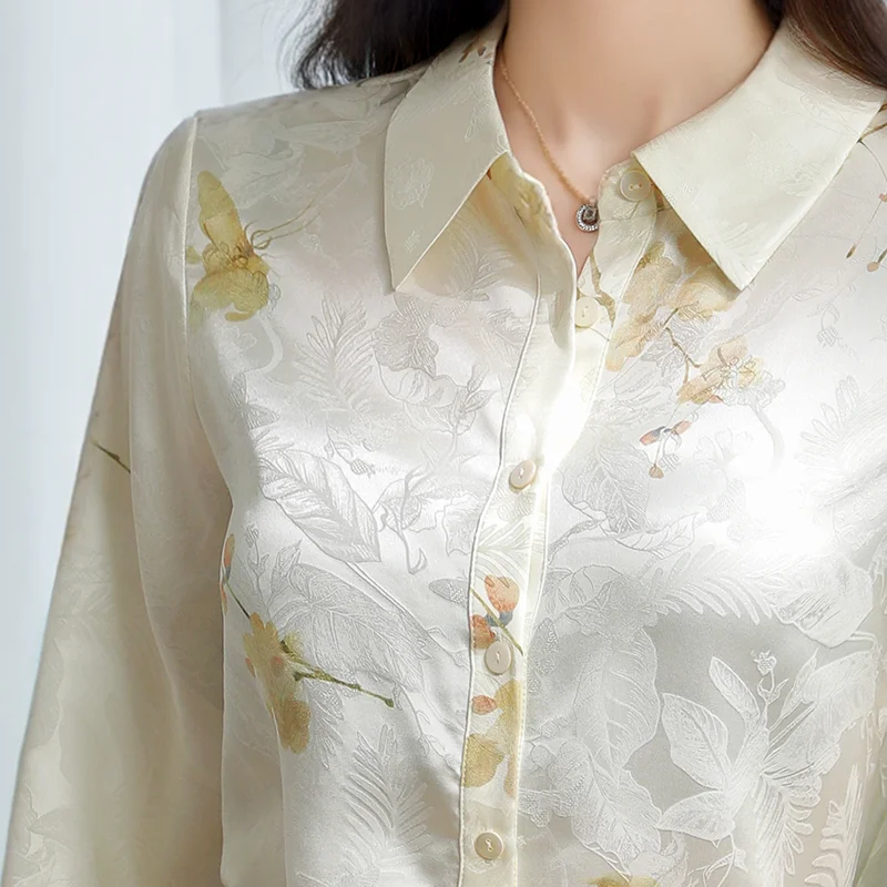 Silk Satin Shirts Women Long Sleeve Turn-Down Collar Buttons Tops Blouse Printed Flower Summer Shirts Female