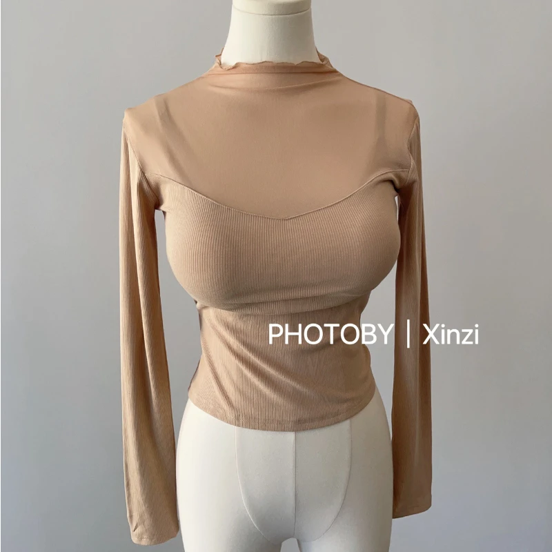 Wholesale Mesh T Shirts High Strecth Slim Tops 2024 New Korean Style Spring Long Sleeve Sexy See-through T Shirts for Women