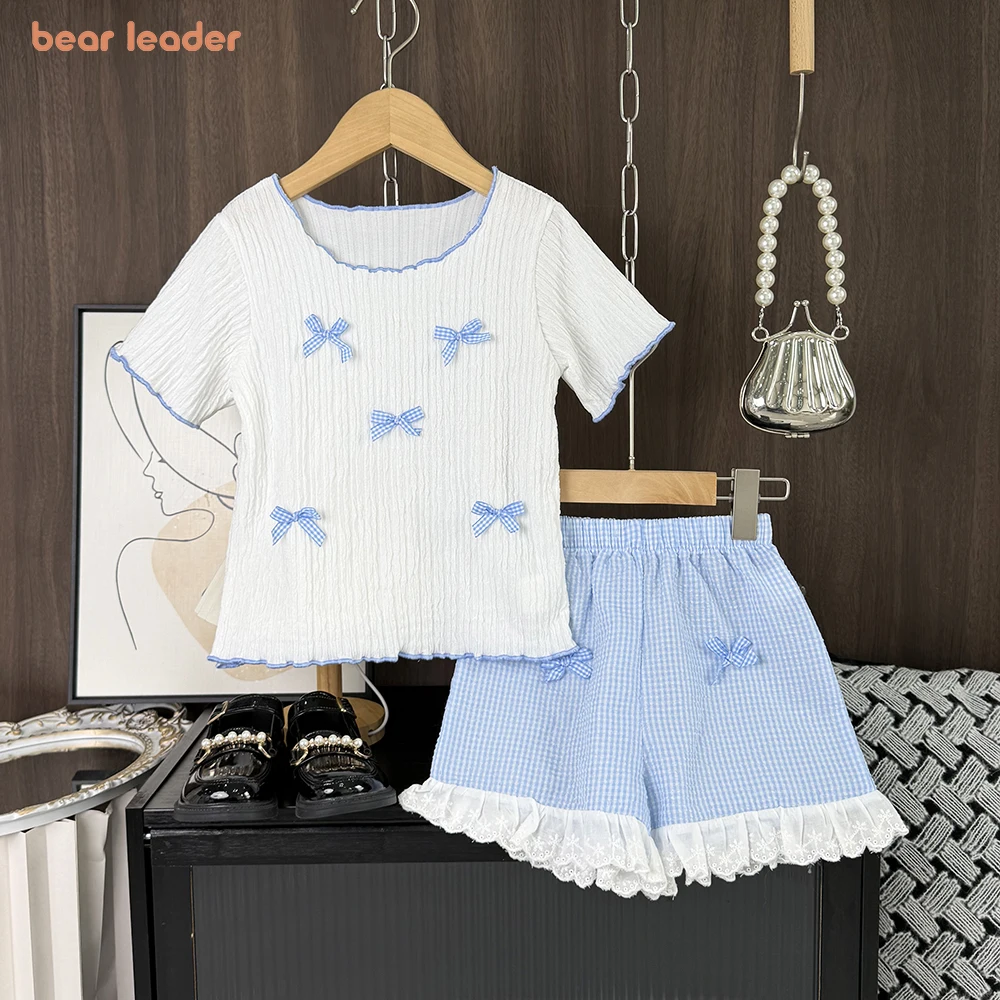 

Bear Leader 3-7 Years Sweet and Lovely Kids Clothes Girls Summer New Blue Short Sleeved Bow Top + Shorts Casual Two-piece Set