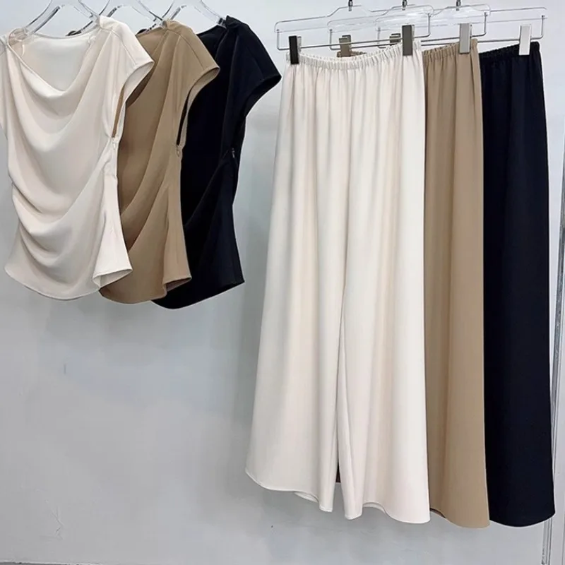 

Новый летний стильный комплект из двух предметов, ацетатный распашной воротник, топ, воздушные брюки, костюм для женщин