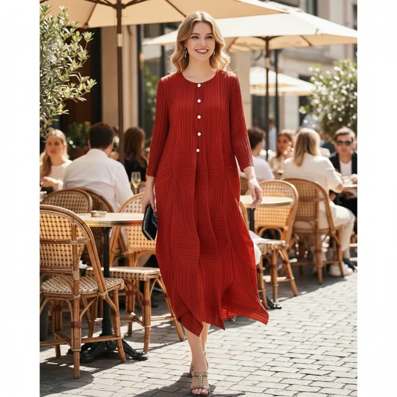 

Miyake Pleated Design Dresses Plisse 2026 Spring Women's New Fashion Swing Green Mid-length Dress Loose Plus Size Pleats Skirt