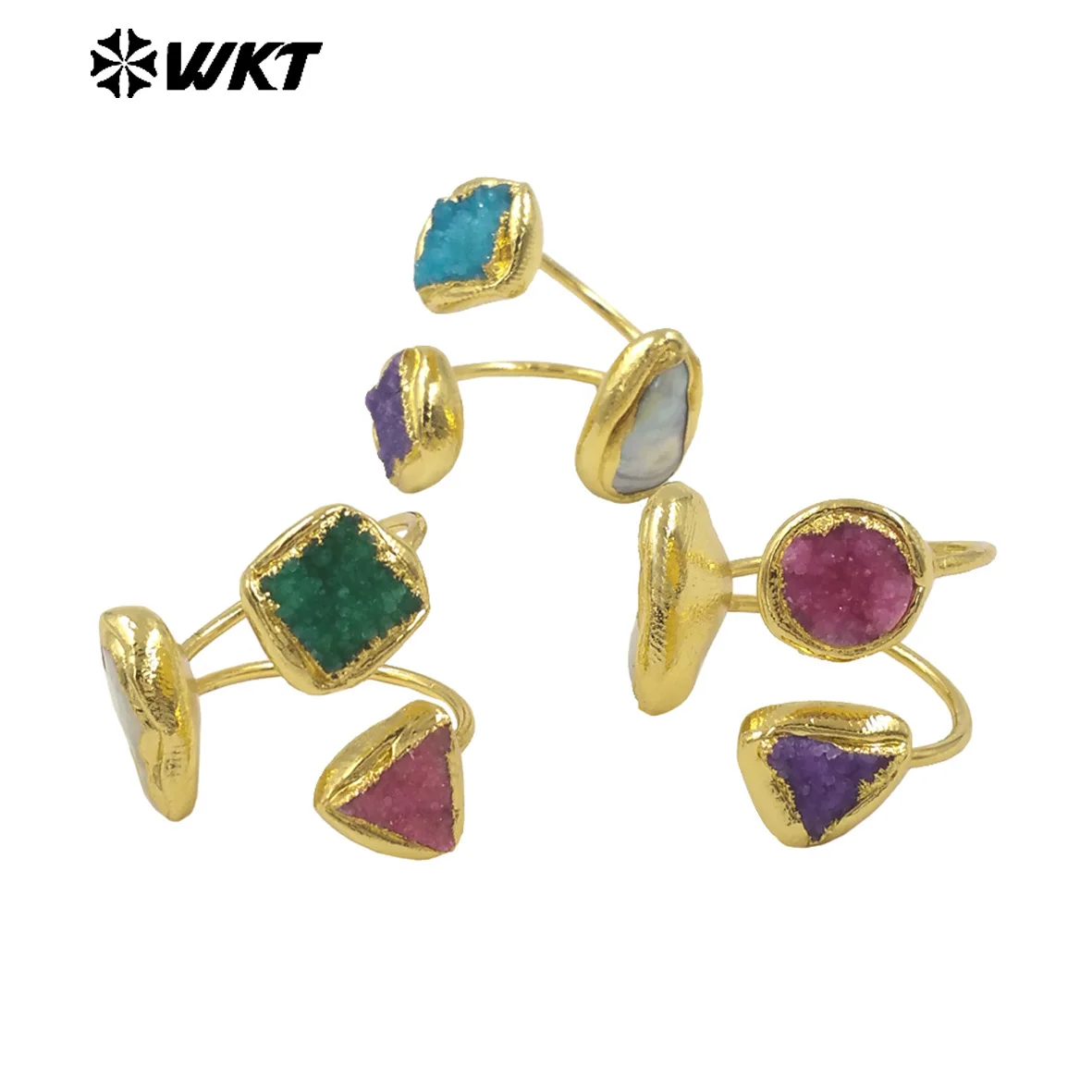 WT-MPR117 WKT New Design 18k Real Gold Plated Resist Tarnishable Triple Natural Stone And Pearl Rings For Women