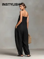 Women Strapless Wide Leg Jumpsuit Casual Cotton Linen Tube Top Romper Summer Beach Long Pants with Pockets Vacation Overalls - Image 6