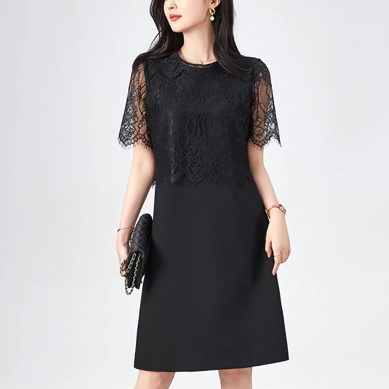 

Elegant Dresses Sets For Women 2 Pieces 2024 Summer Hollow Out Lace Blouse Tops And Sleeveless A-line Dress Two Piece Set Slim