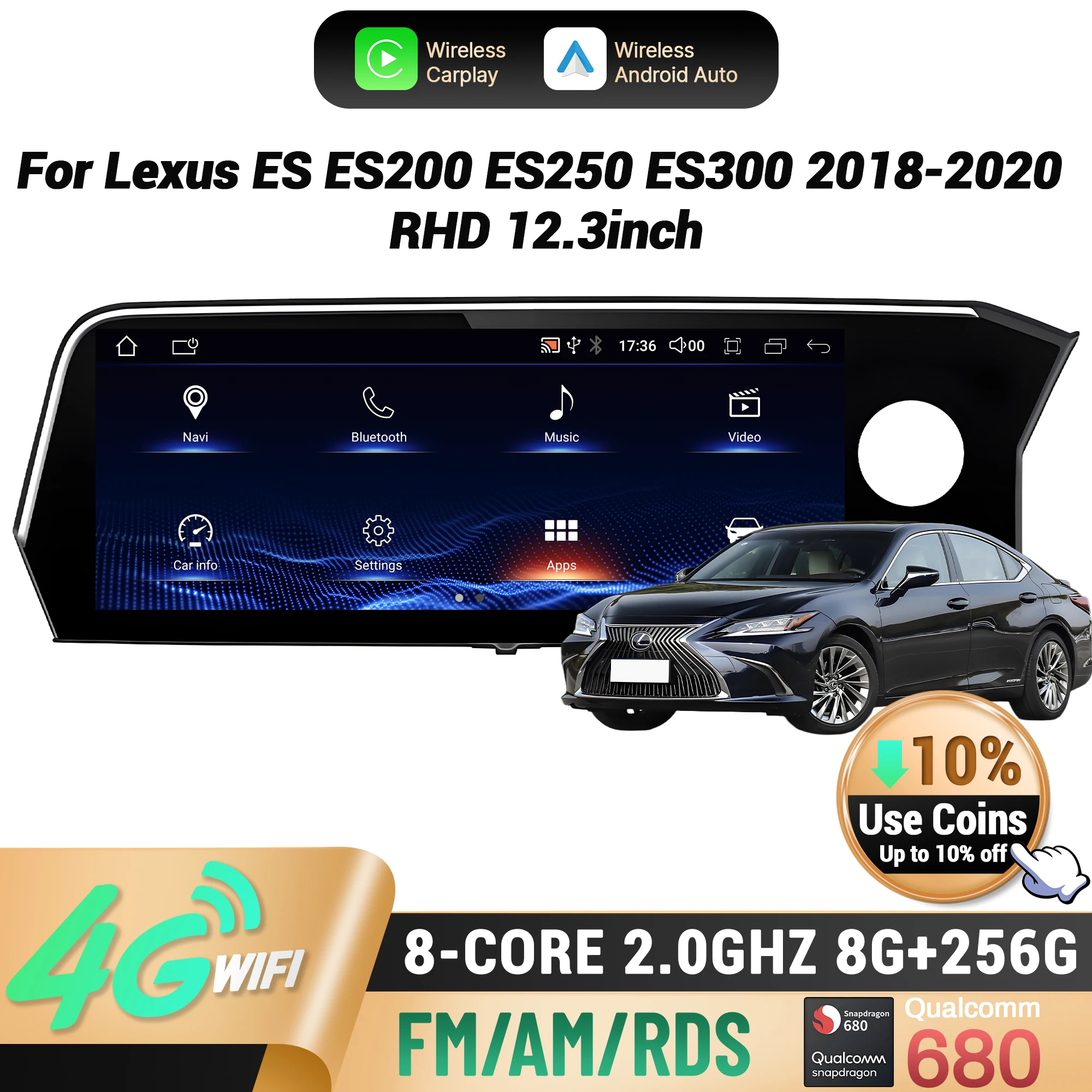 12.3 inch Right hand drive For Lexus ES ES200 ES250 ES300 2018-2020 Car Radio Wireless CarPlay Multimedia Snapdragon 680 Screen