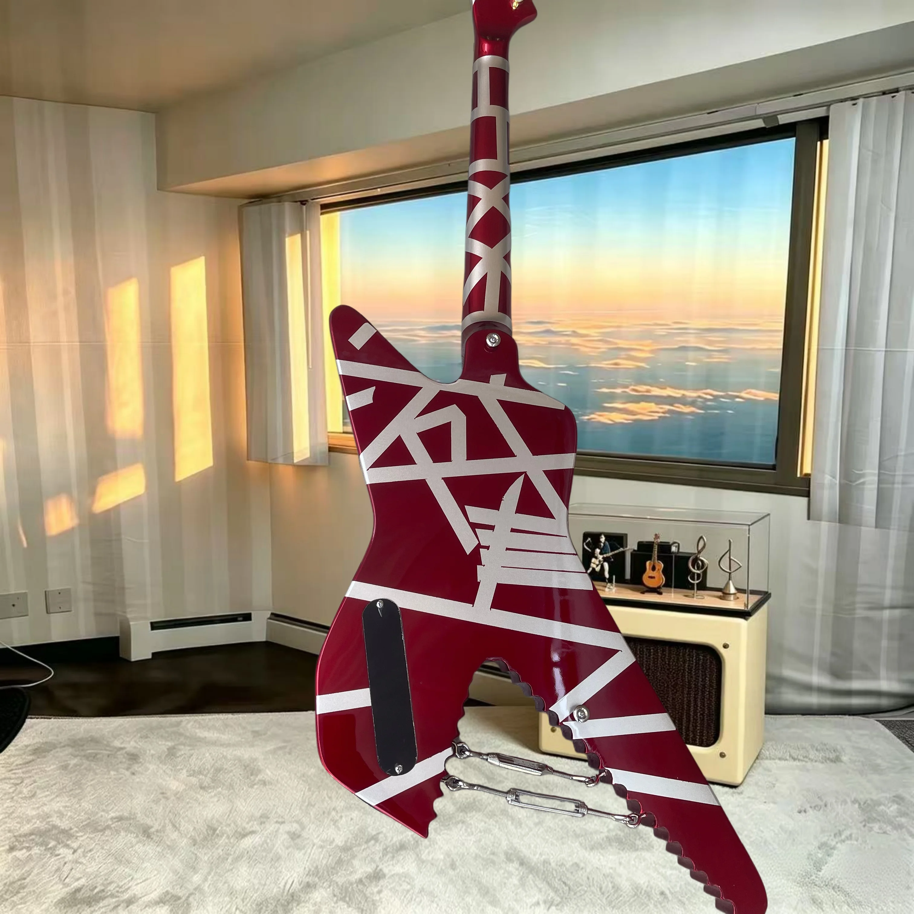 Axe‑Saw‑Blade Custom Electric Guitar, Red‑Base White‑Stripe Finish HH Pickups, Unique Heavy‑Metal Hard‑Rock Stage Guitar view 3