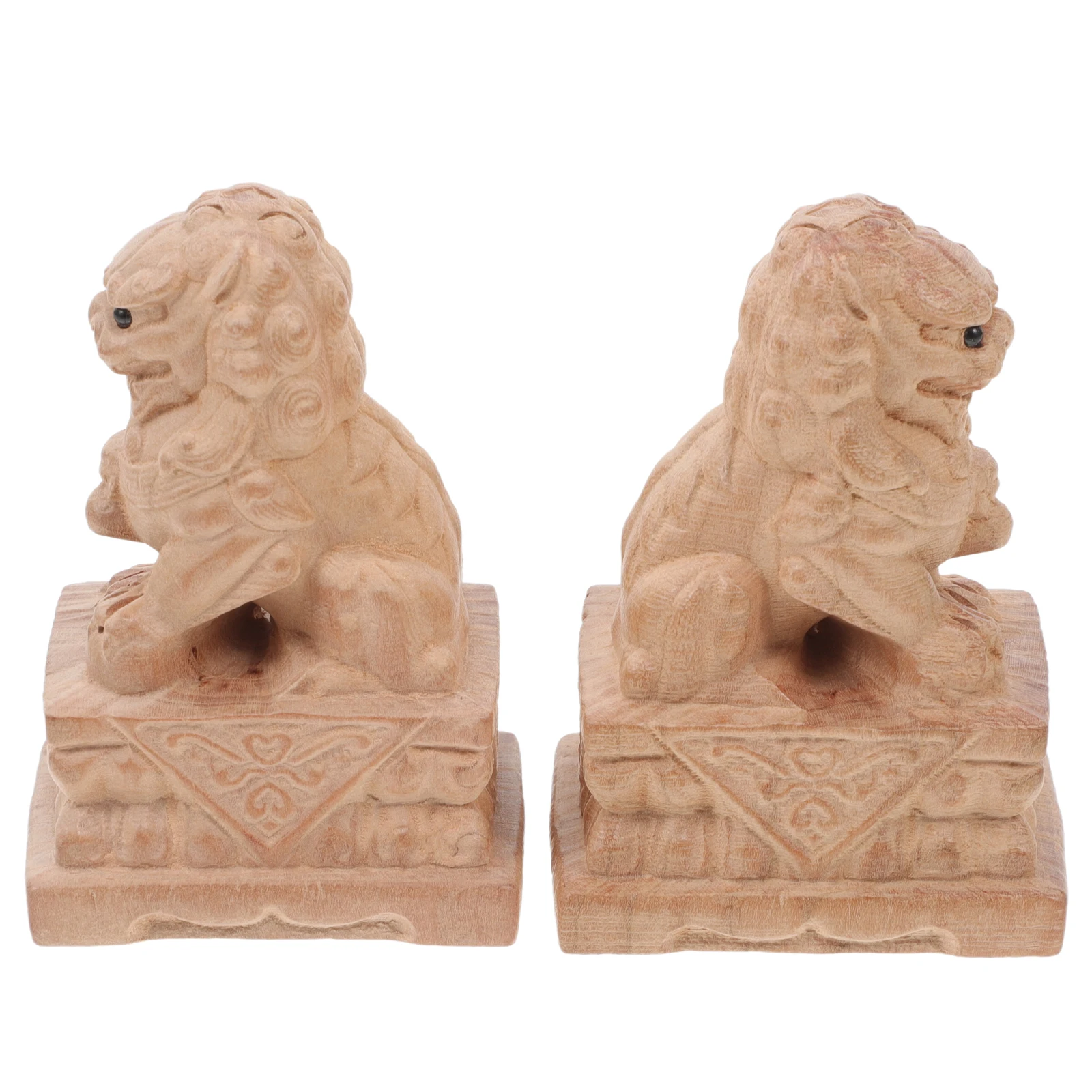 

1Pair Wooden Lion Statues Handcrafted Small Wood Lion Sculpture Decorative Animal Ornaments Home Office Tabletop Decor